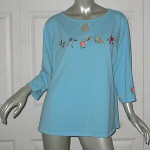 QUACKER FACTORY Blue Embroidered Birds Top